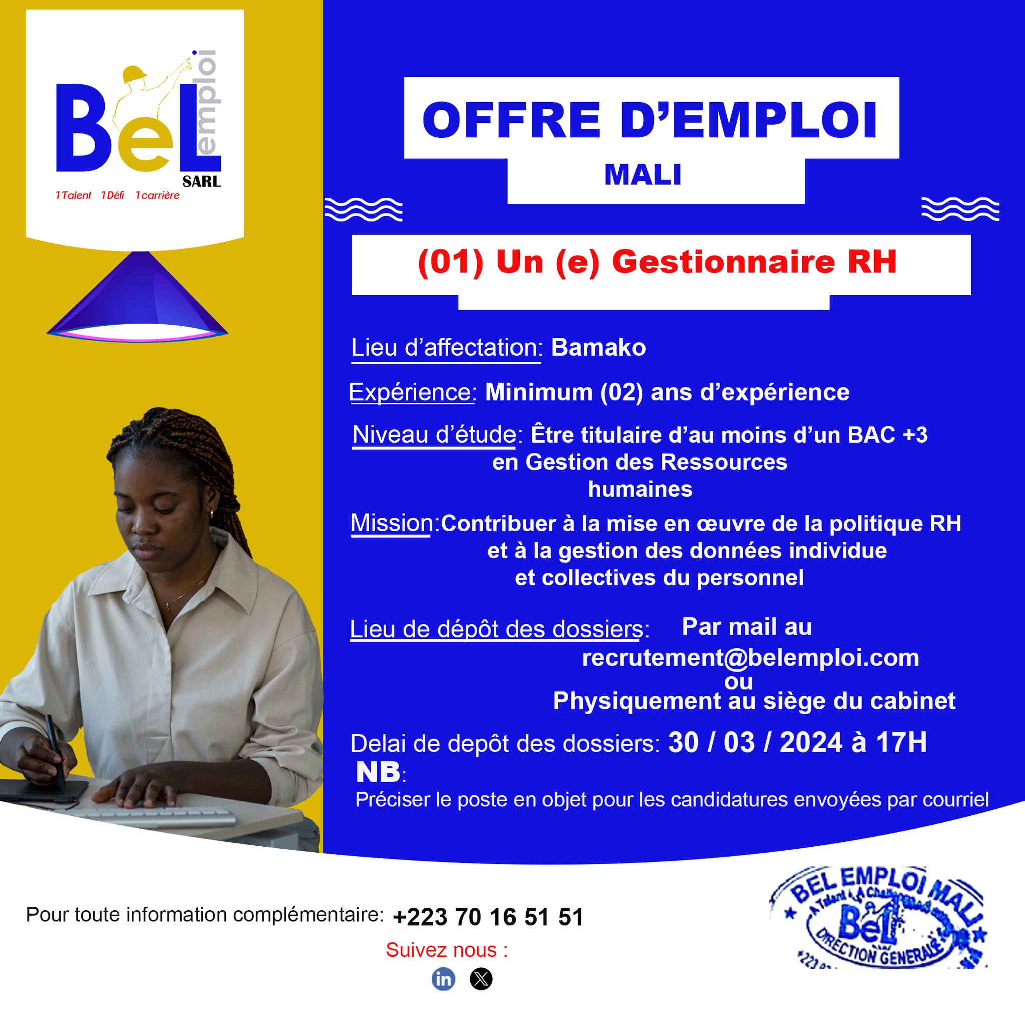 BEL EMPLOI MALI RECRUTE GESTIONNAIRE RH H F Y A Bara Offres D