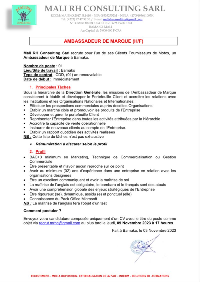 Mali Rh Consulting Recrute Un Ambassadeur De Marque H F Y A Bara