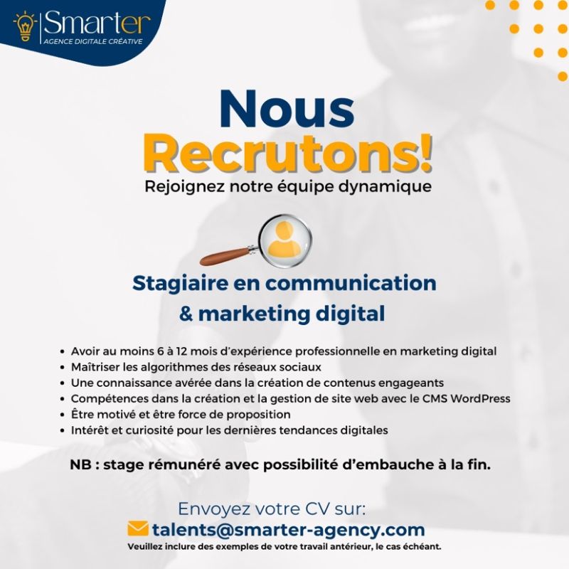 SMARTER DIGITAL AGENCY RECRUTE STAGIAIRE COMMUNICATION