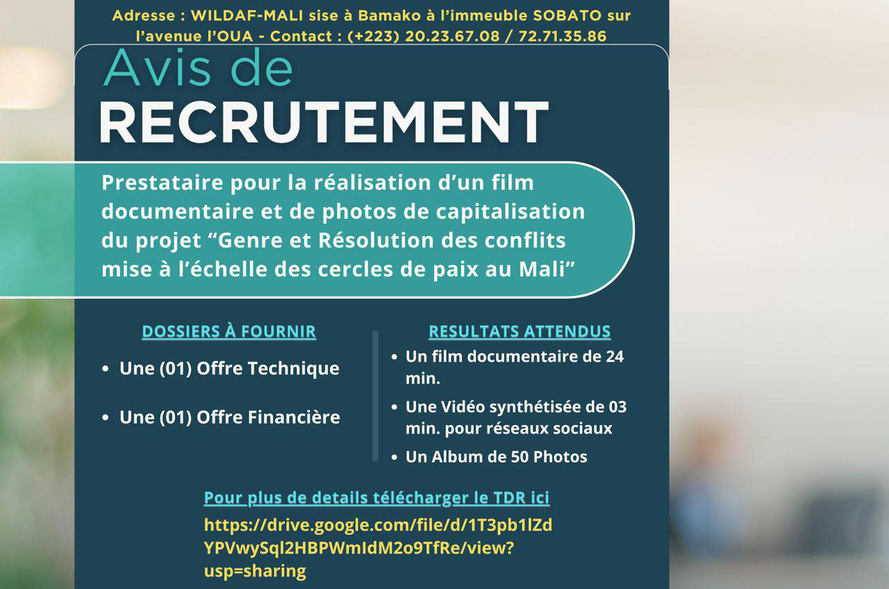 WILDAF MALI RECRUTE PRESTATAIRE POUR LA REALISATION D'UN FILM H/F - Y'a ...