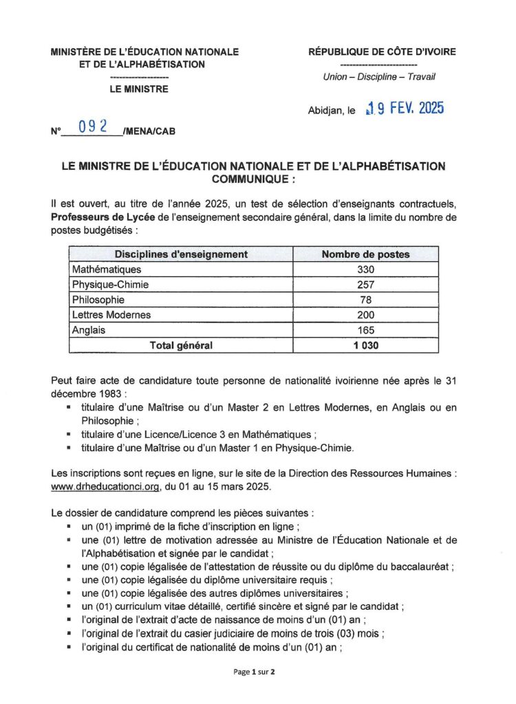 RECRUTEMENT DE 2885 ENSEIGNANTS CONTRACTUELS H/F