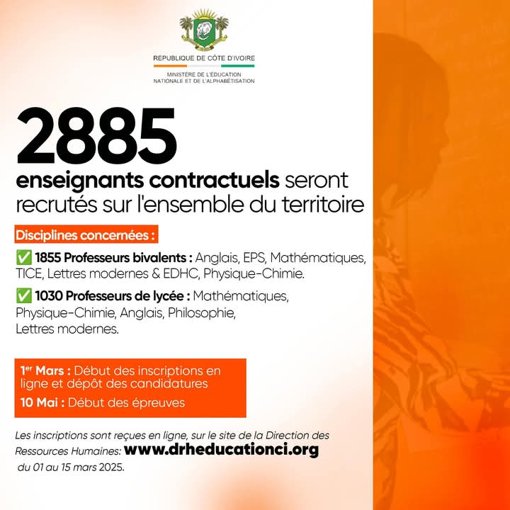 RECRUTEMENT DE 2885 ENSEIGNANTS CONTRACTUELS H/F