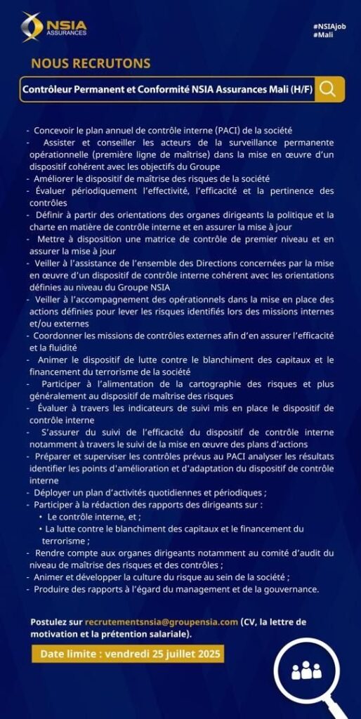 NSIA ASSURANCES MALI RECRUTE CONTROLEUR PERMANENT ET CONFORMITE H/F
