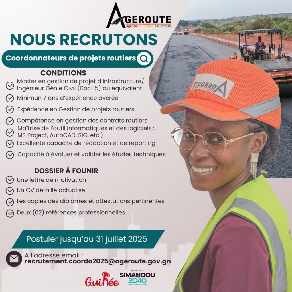 AGEROUTE GUINEE RECRUTE DES COORDONNATEURS DE PROJETS ROUTIERS H/F