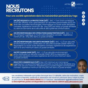 AFRISEARCH TOGO RECRUTE PLUSIEURS POSTES H/F 1755876525265