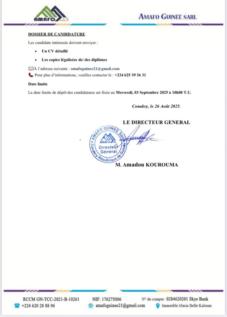 AMAFO GUINEE RECRUTE PLUSIEURS POSTES H/F