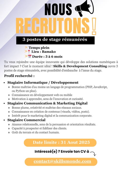 SKILLS & DEVELOPMENT RECRUTE 03 STAGIAIRES H/F