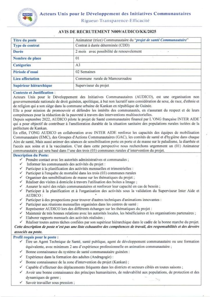 AUDICO GUINEE RECRUTE ANIMATEUR COMMUNAUTAIRE H/F