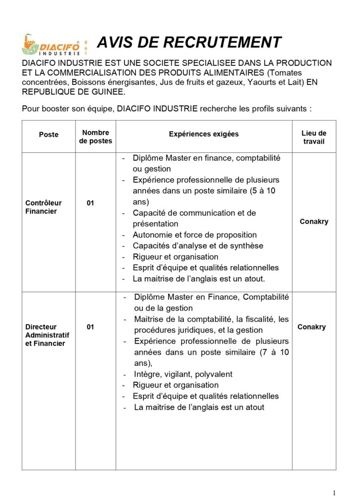 DIACIFO INDUSTRIES GUINEE RECRUTE PLUSIEURS POSTES H/F
