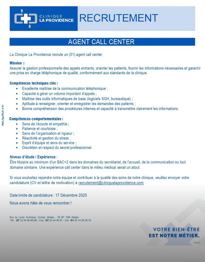 CLINIQUE LA PROVIDENCE RECRUTE AGENT CALL CENTER H/F 