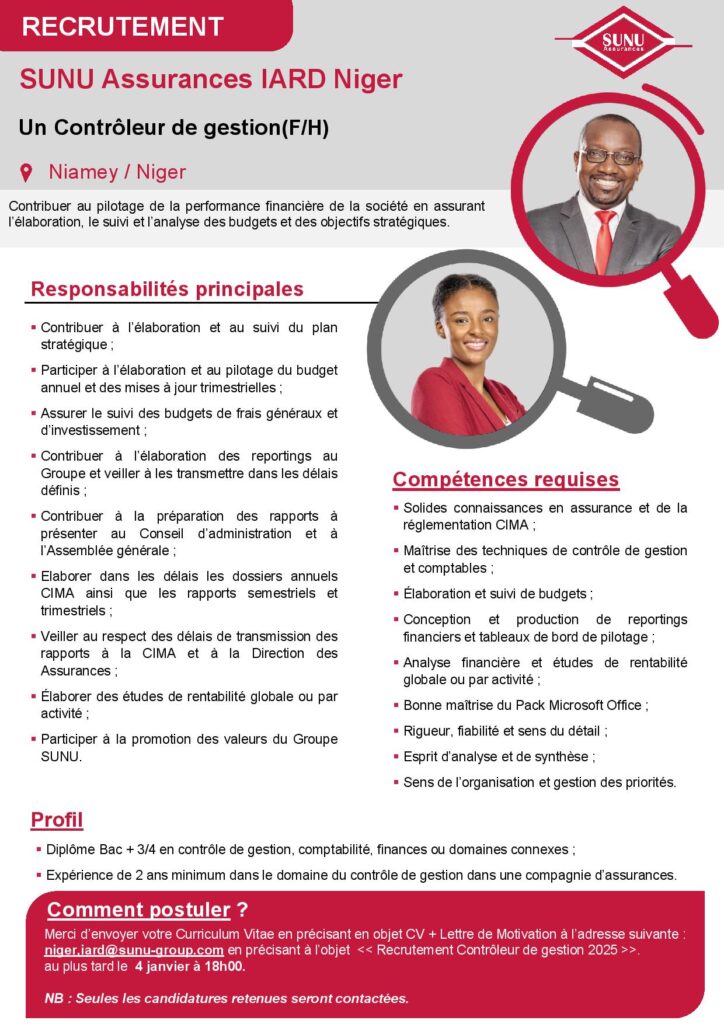 SUNU ASSURANCES NIGER RECRUTE CONTROLEUR DE GESTION H/F