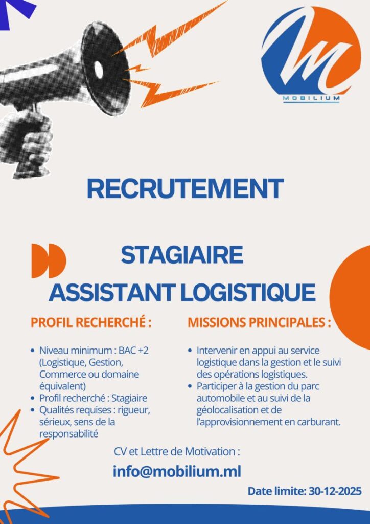 MOBILIUM RECRUTE STAGIAIRE ASSISTANT LOGISTIQUE H/F 