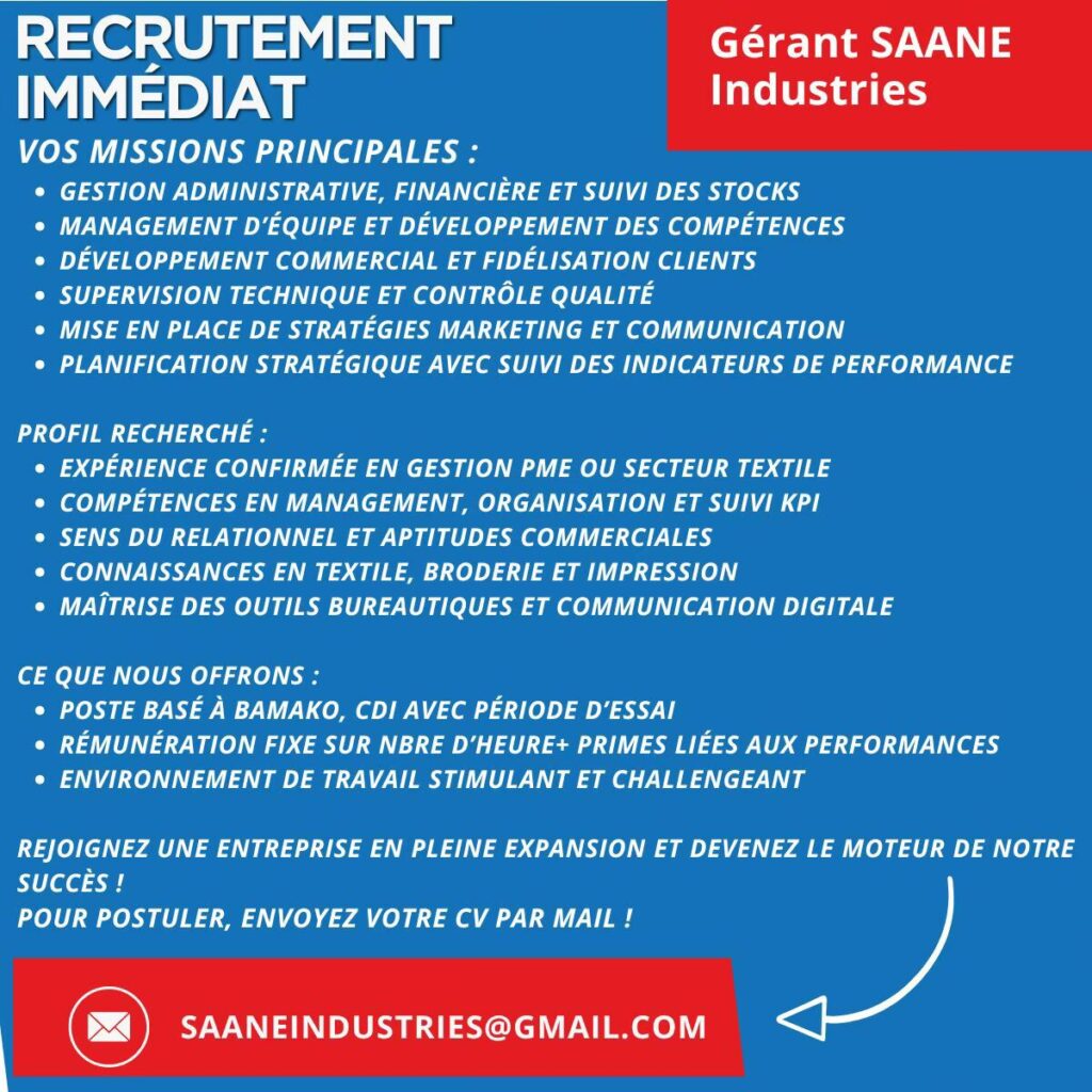SAANE INDUSTRIES RECRUTE GERANT H/F 