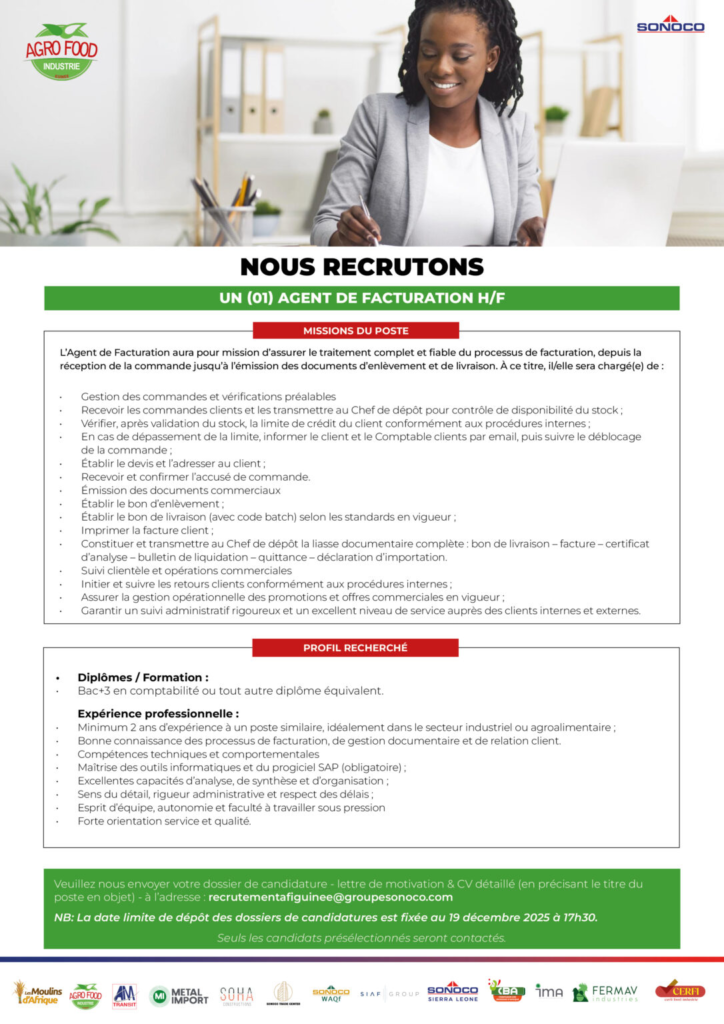 AGRO FOOD INDUSTRIE RECRUTE AGENT DE FACTURATION H/F 