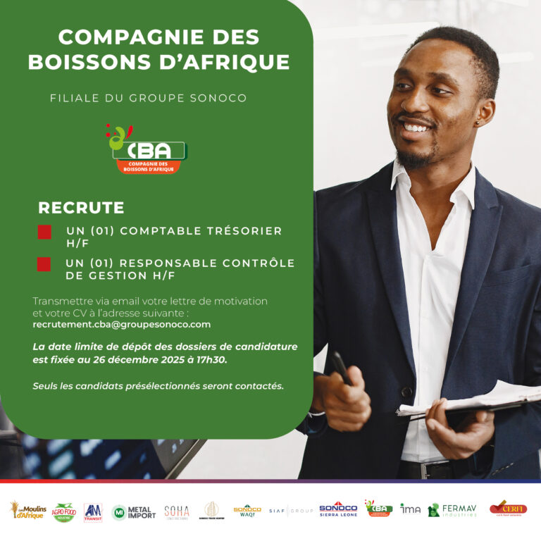 COMPAGNIE DES BOISSONS D'AFRIQUE RECRUTE 02 POSTES H/F
