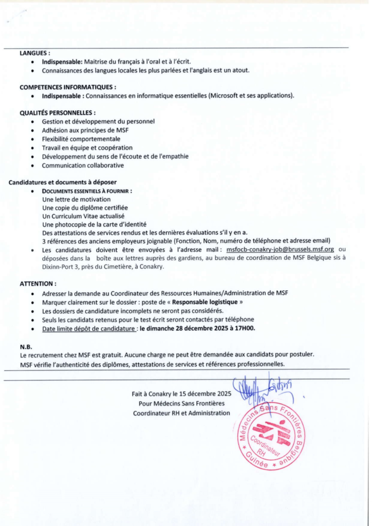 MEDECINS SANS FRONTIERES GUINEE RECRUTE RESPONSBALE LOGISTIQUE H/F 