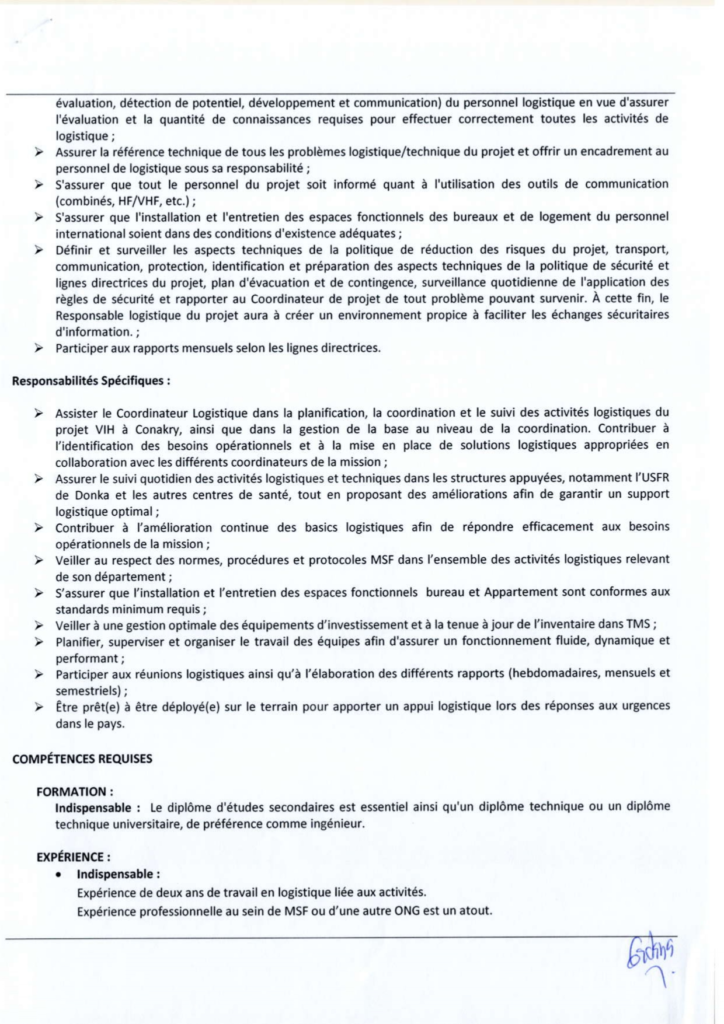 MEDECINS SANS FRONTIERES GUINEE RECRUTE RESPONSBALE LOGISTIQUE H/F 