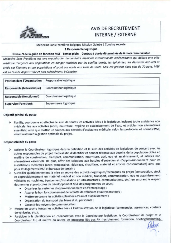 MEDECINS SANS FRONTIERES GUINEE RECRUTE RESPONSBALE LOGISTIQUE H/F 