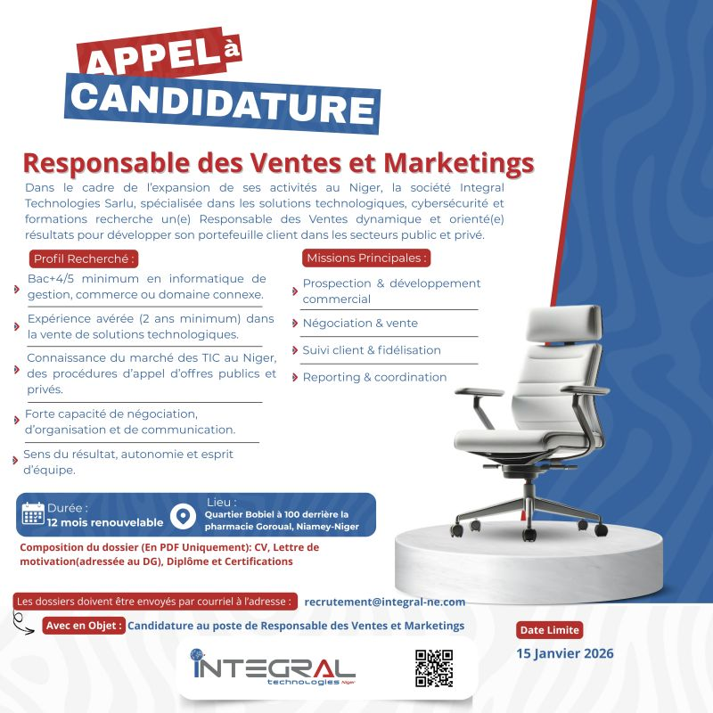 INTEGRAL TECHNOLOGIES NIGER RECRUTE RESPONSABLE DES VENTES ET MARKETING H/F 