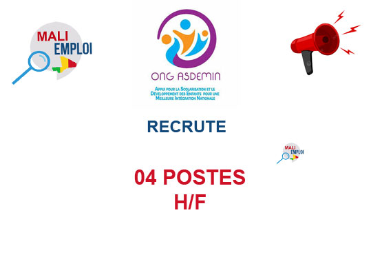 ONG ASDMEMIN RECRUTE 04 POSTES H/F