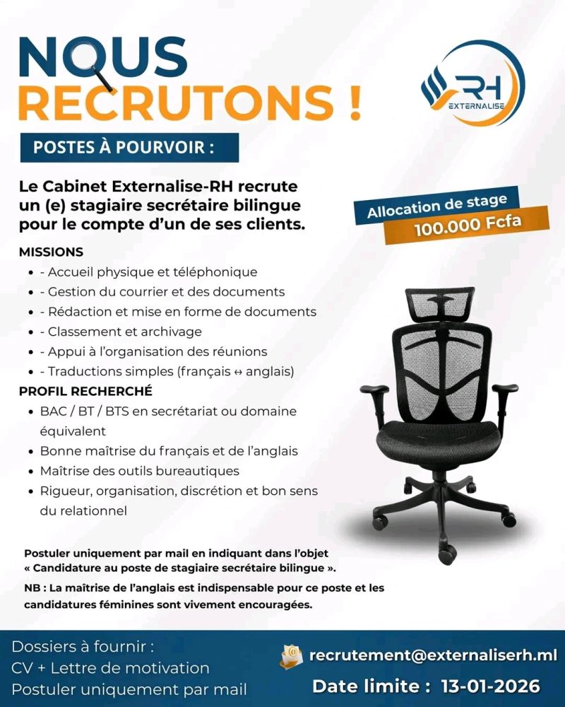 EXTERNALISE RH RECRUTE STAGIAIRE SECRETAIRE BILINGUE H/F