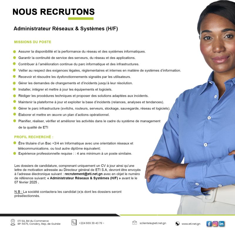 ETI SA RECRUTE ADMINISTRATEUR RESEAUX ET SYSTEMES H/F