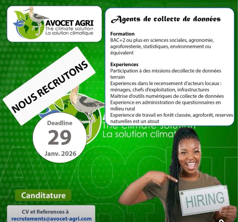 AVOCET AGRI RECRUTE DES AGENTS DE COLLECTE DE DONNEES H/F 