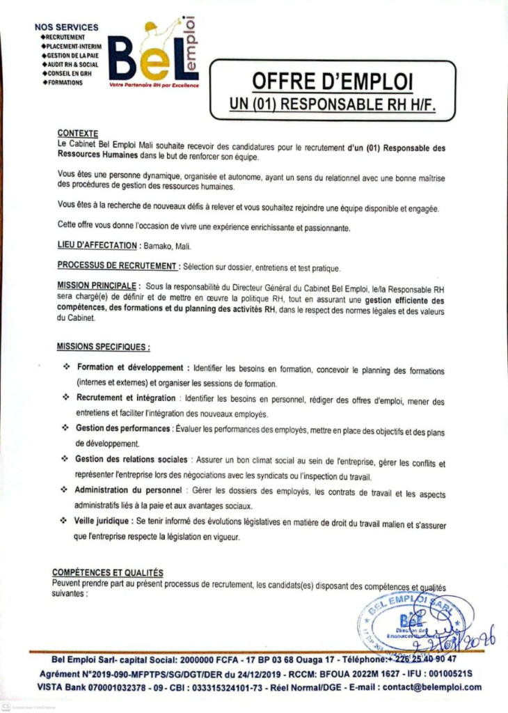 BEL EMPLOI RECRUTE RESPONSABLE RH H/F 
