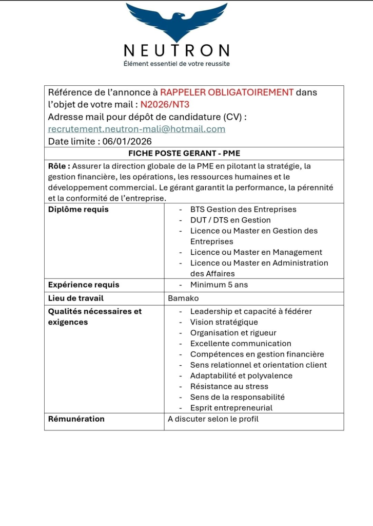 NEUTRON MALI RECRUTE GERANT H/F