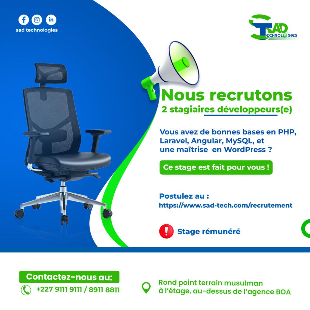 SAD TECHNOLOGIES NIGER RECRUTE 02 STAGIAIRES DEVELOPPEMENT WEB H/F 