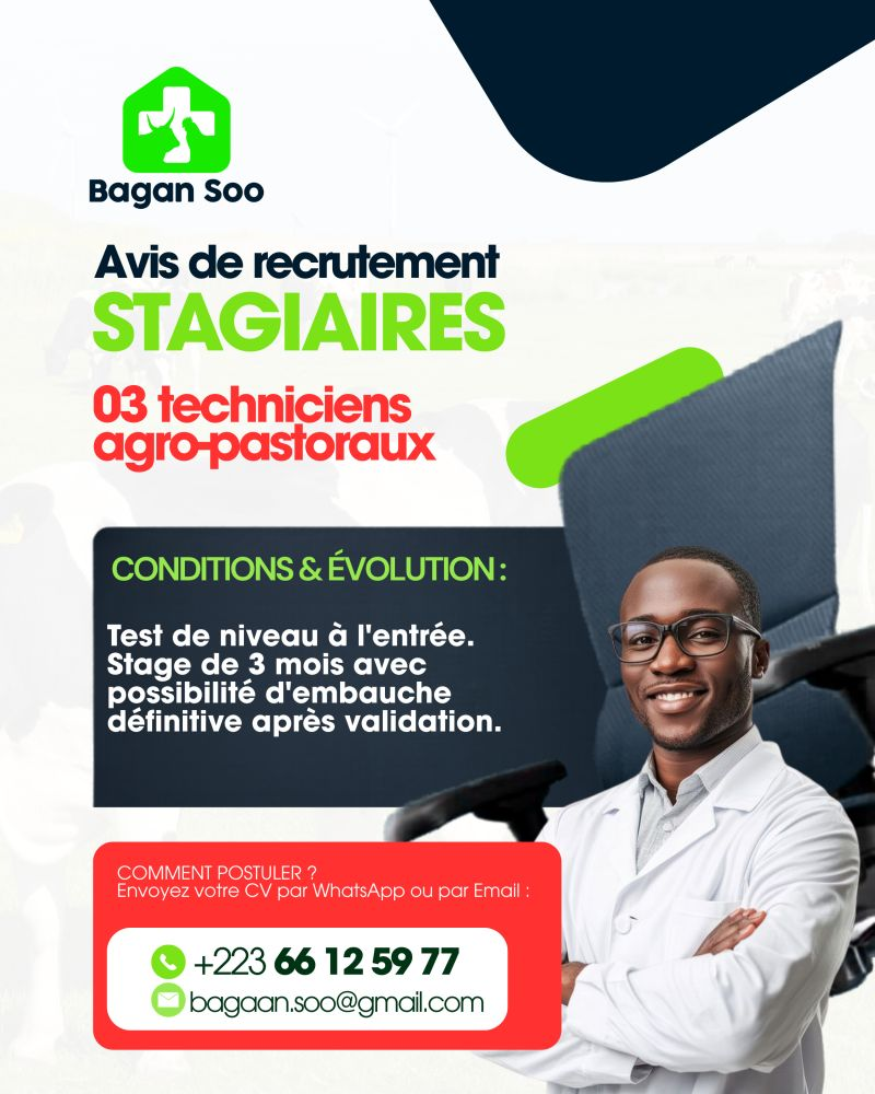 BAGAN SOO RECRUTE 03 STAGIAIRES H/F 