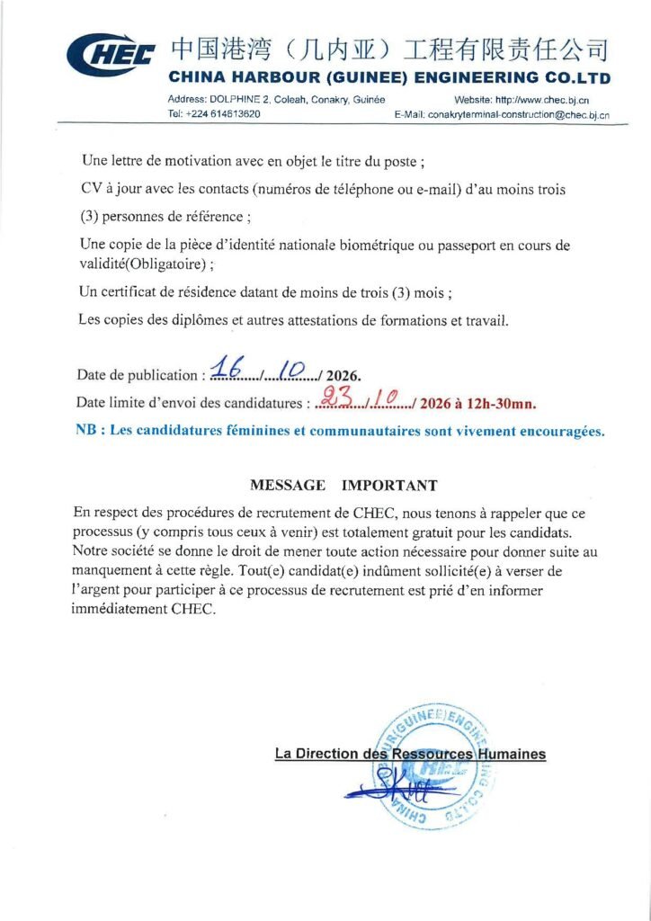 CHINA HARBOUR GUINEE RECRUTE 04 POSTES H/F