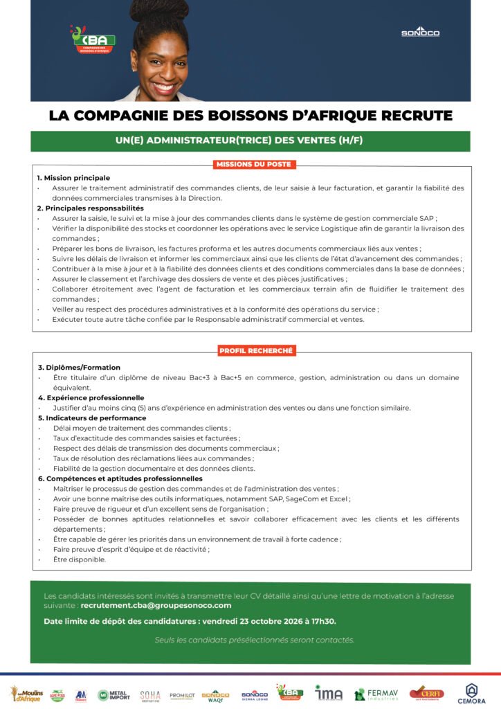 LA COMPAGNIE DES BOISSONS D'AFRIQUE RECRUTE 03 POSTES H/F