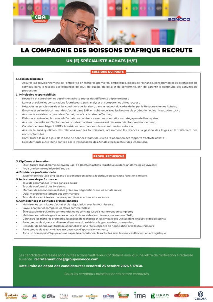 LA COMPAGNIE DES BOISSONS D'AFRIQUE RECRUTE 03 POSTES H/F
