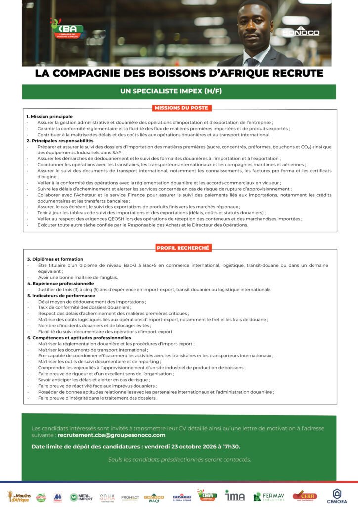 LA COMPAGNIE DES BOISSONS D'AFRIQUE RECRUTE 03 POSTES H/F