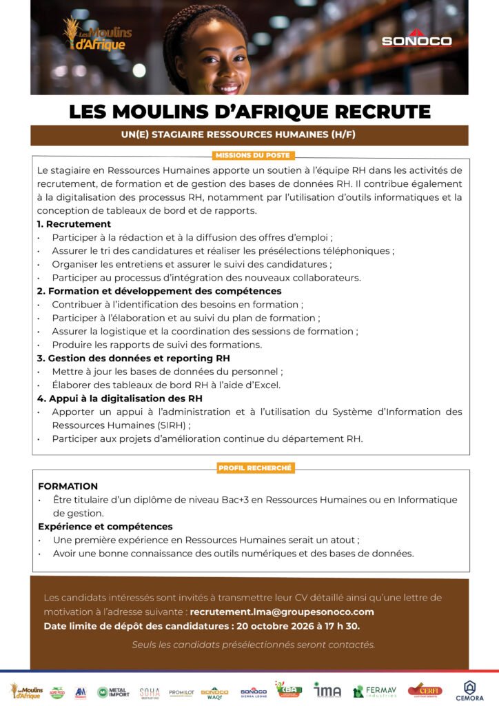 LES MOULINS D'AFRIQUE RECRUTE STAGIAIRE RESSOURCES HUMAINES H/F 