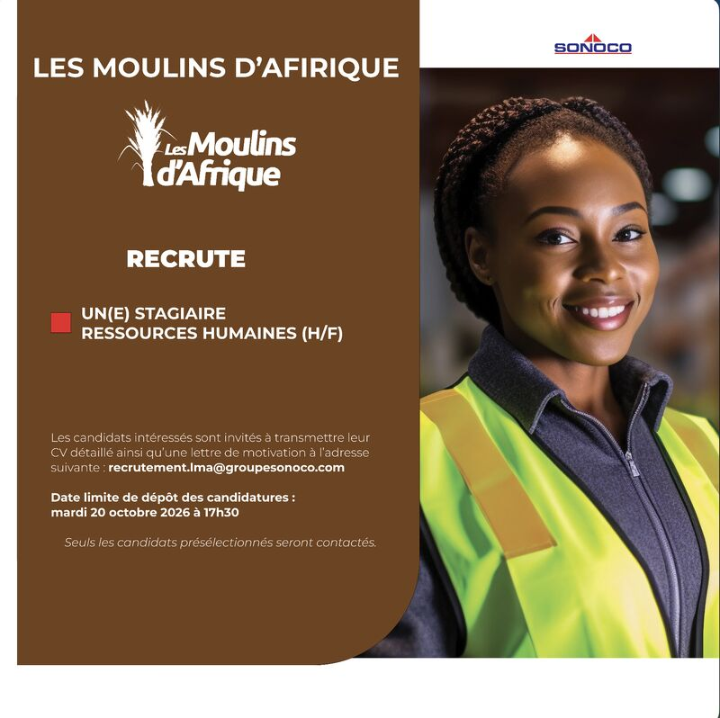 LES MOULINS D'AFRIQUE RECRUTE STAGIAIRE RESSOURCES HUMAINES H/F 