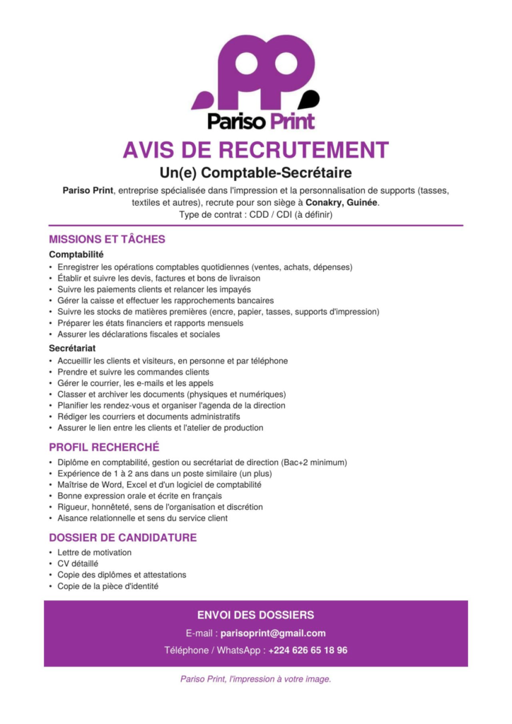 PARISO PRINT RECRUTE COMPTABLE SECRETAIRE H/F 