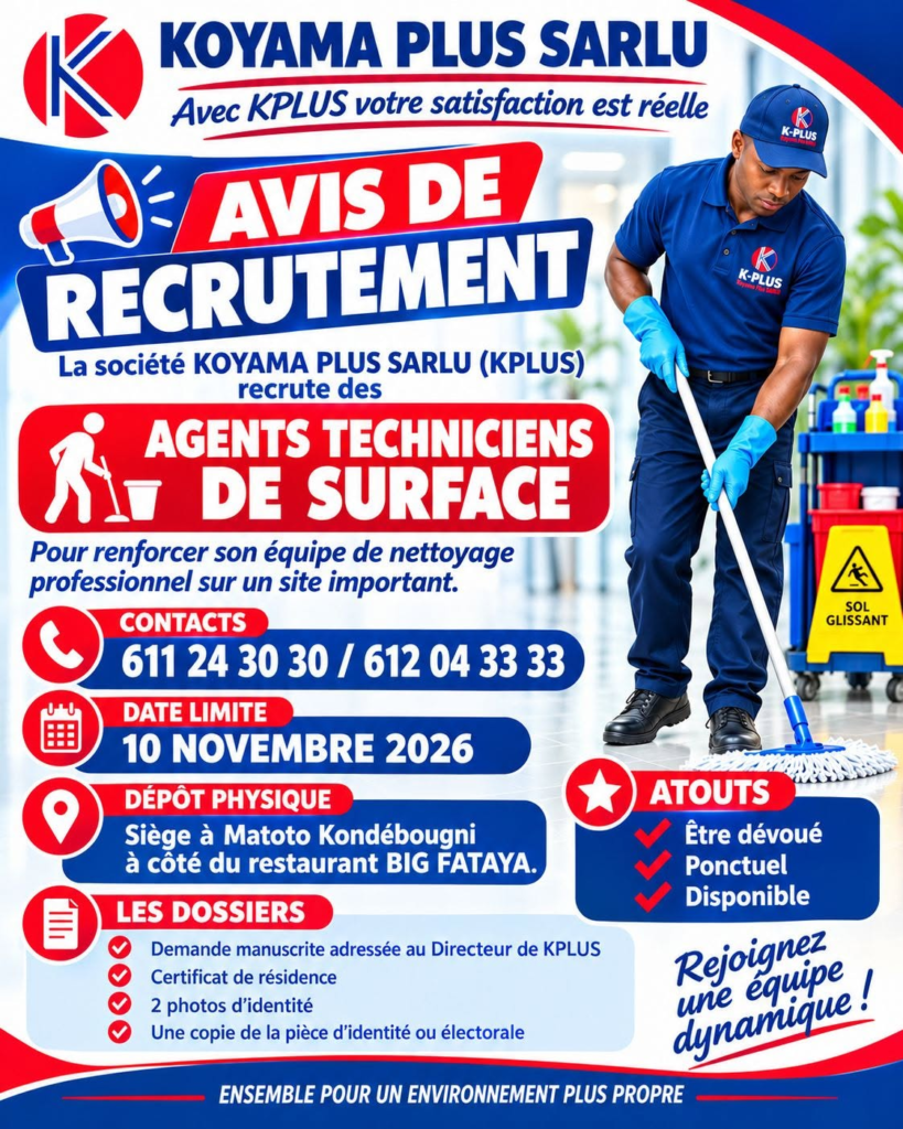 KOYAMA PLUS SARLU RECRUTE DES AGENTS TECHNICIENS DE SURFACE H/F 